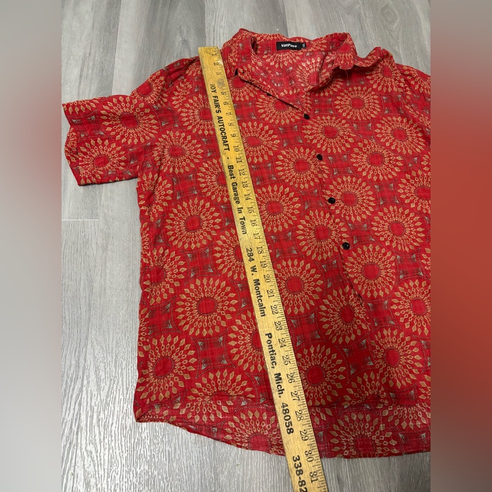 VatPave Red Geometric Print Button-Up Shirt | Boho Festival Short Sleeve - Picture 6 of 6